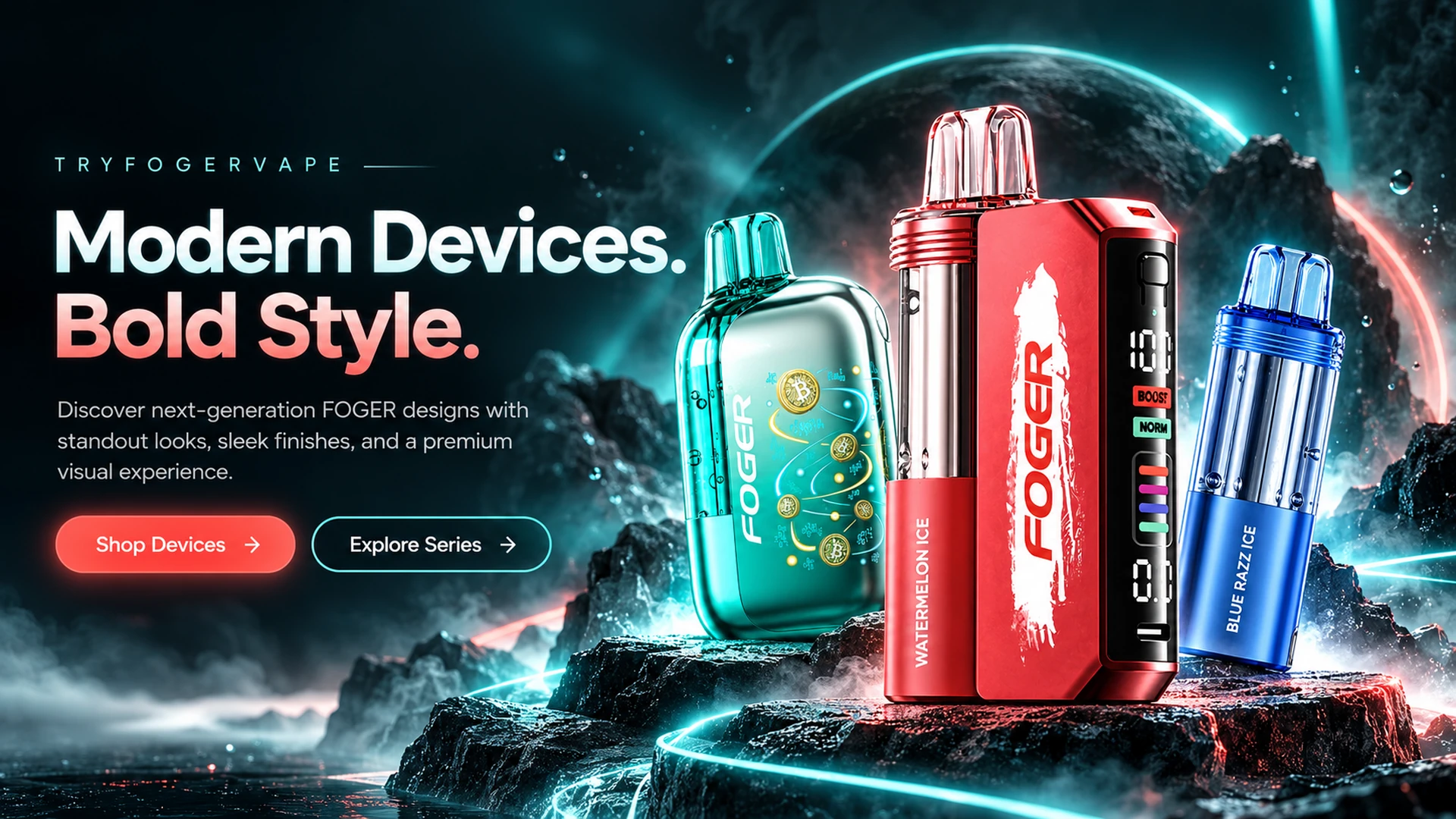 FOGER device design showcase: red Switch Pro, teal Bit, and blue pod device